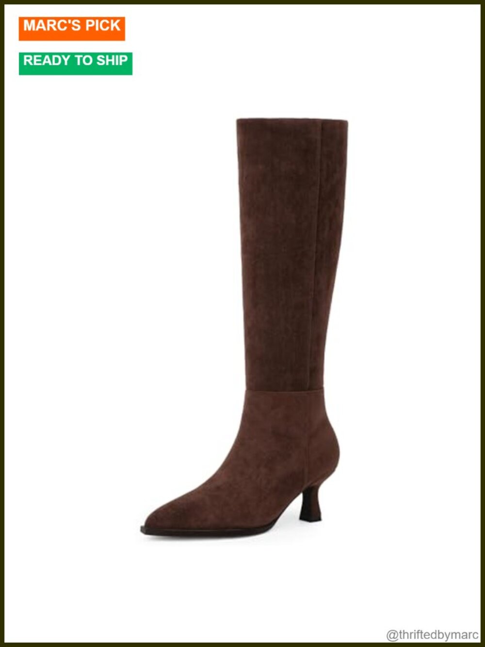 Kitten Heel Knee High Boots Pointed Toe Faux Suede Side Zip